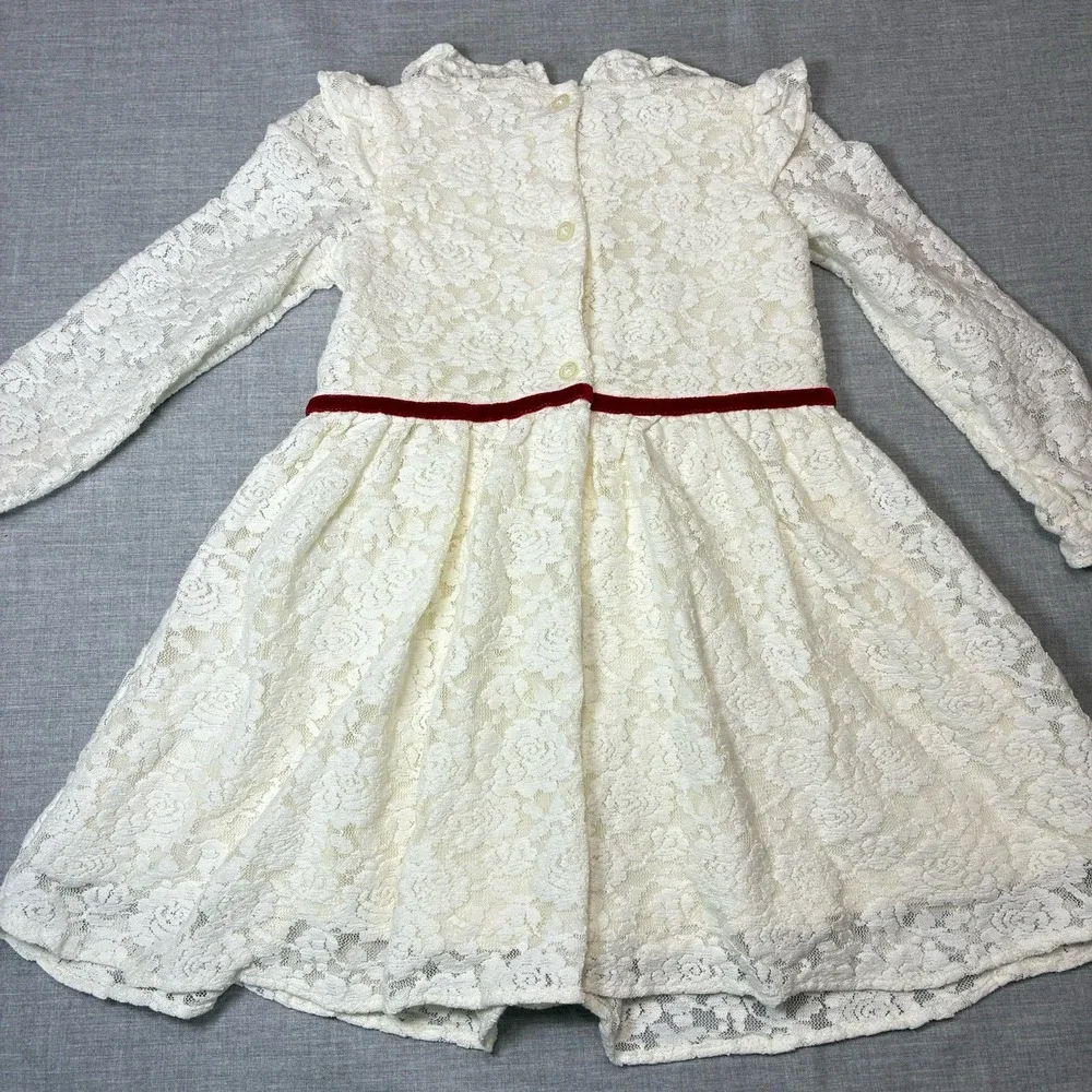 Janie and Jack Baby Girls Ivory Lace Long Sleeved Dress Red Bow 18-24 Months